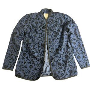Susan Graver Blue Flocked Jacket Mandarin Collar Snap Front whimsygoth Womens M